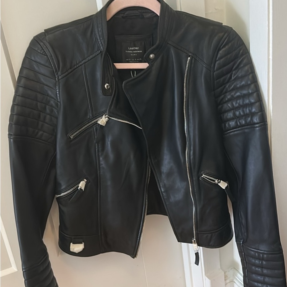 Zara Black Leather Jacket with Quilted Details